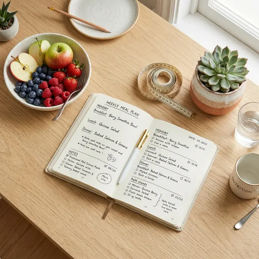 Caderno de planejamento nutricional e alimentos sobre uma mesa